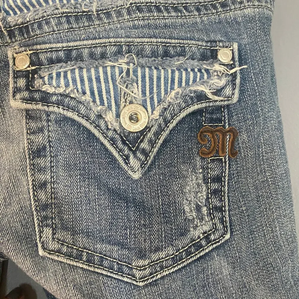 Miss Me Blue Seville Fringe Bermuda Stripe Detail Denim Jean Shorts Women Sz 27